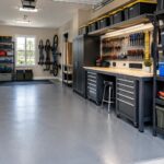 Black metal workbench with a wooden top and storage totes on an overhead shelf.