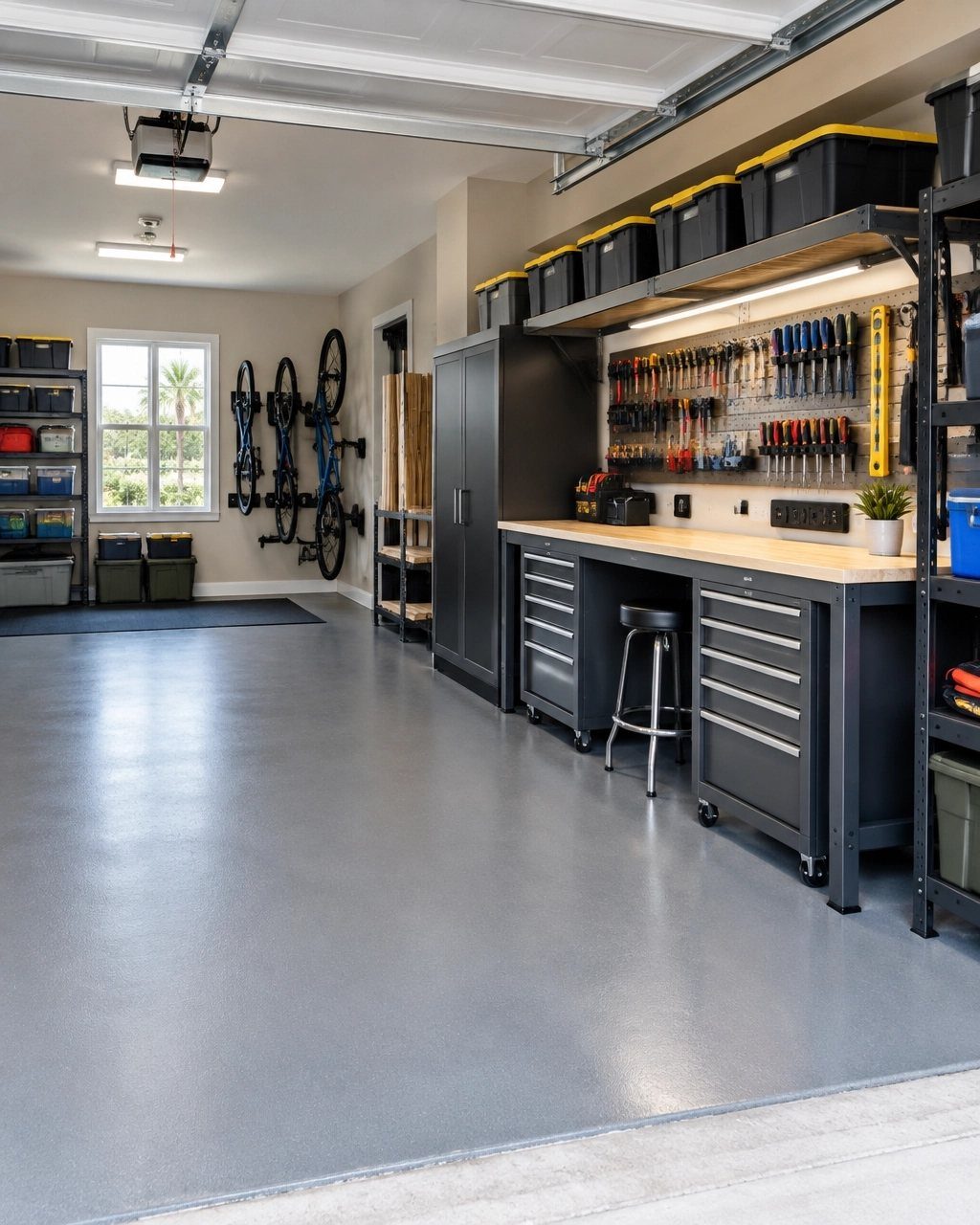 Black metal workbench with a wooden top and storage totes on an overhead shelf.