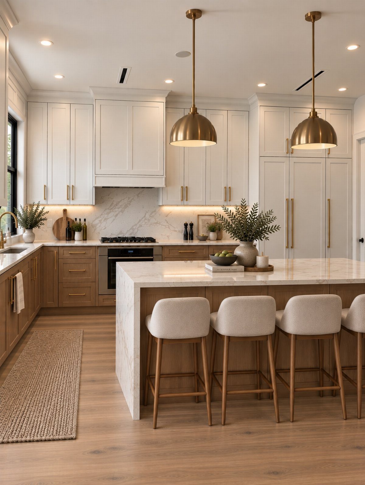 A modern kitchen with white cabinetry, a marble island, and light oak wood flooring.