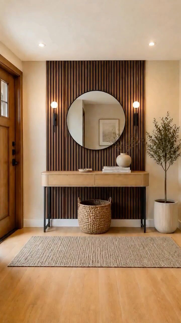 Dark wood vertical slat wall in an entryway with a console table and round mirror.