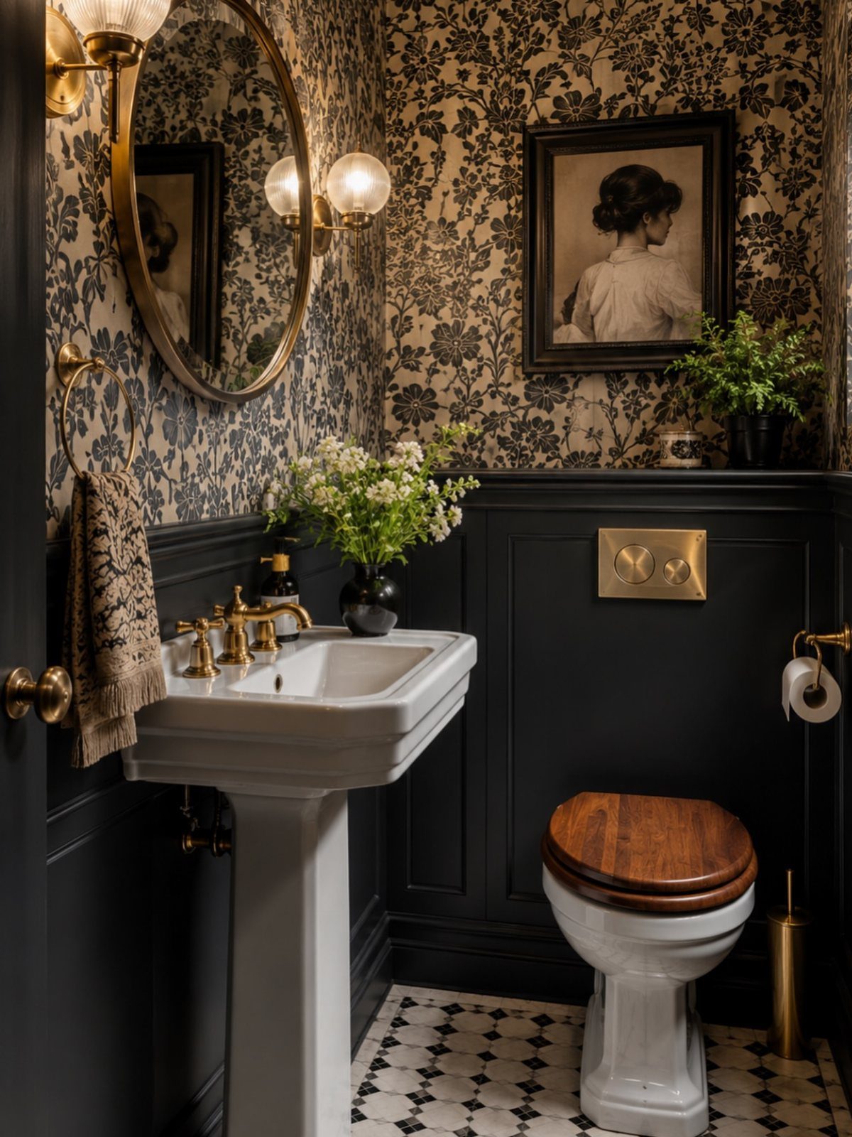 Dark navy wainscoting and floral wallpaper in a small, stylishly decorated bathroom.