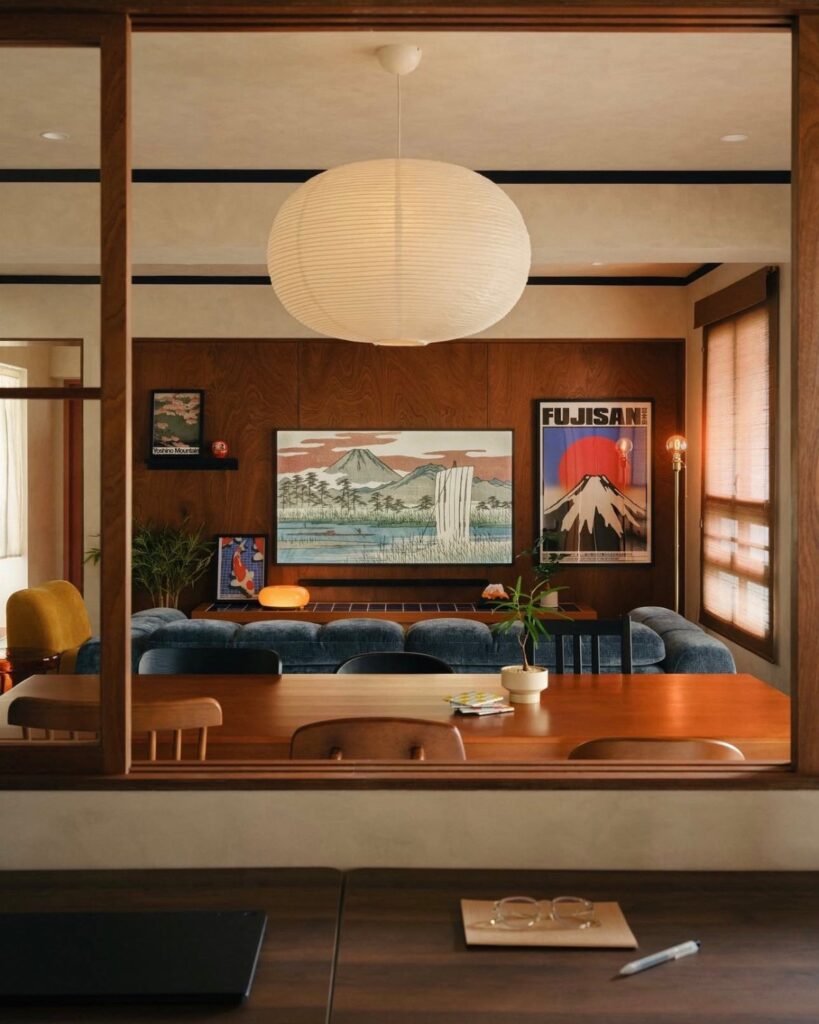 Walnut wood paneling on a living room wall decorated with landscape art and a paper lamp.