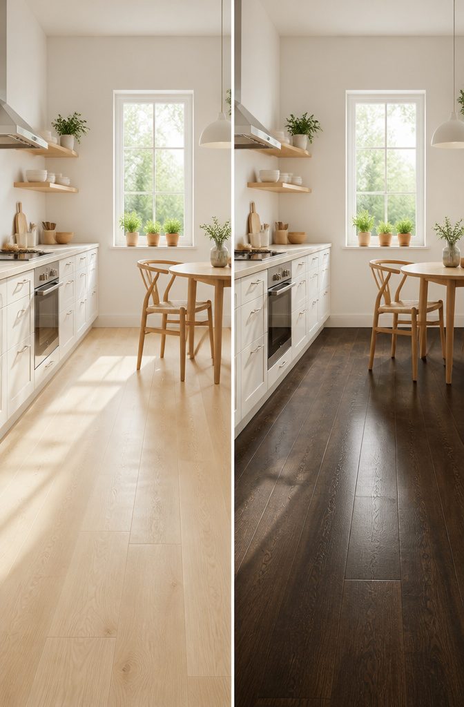 A small room with pale oak flooring reflecting light.