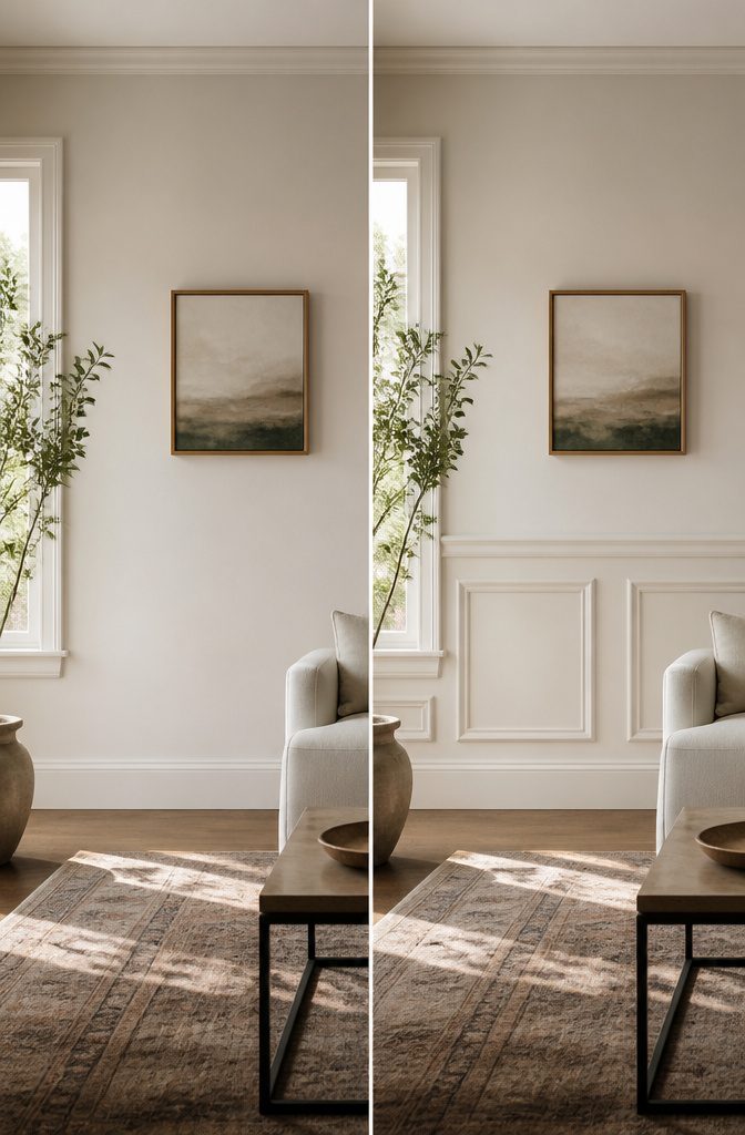 Raised panel wainscoting with matching wall paint highlighting texture.
