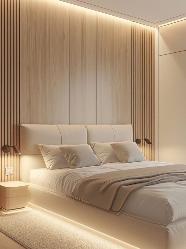 A modern bedroom featuring a large wooden wall board design with integrated LED lighting and a white bed.