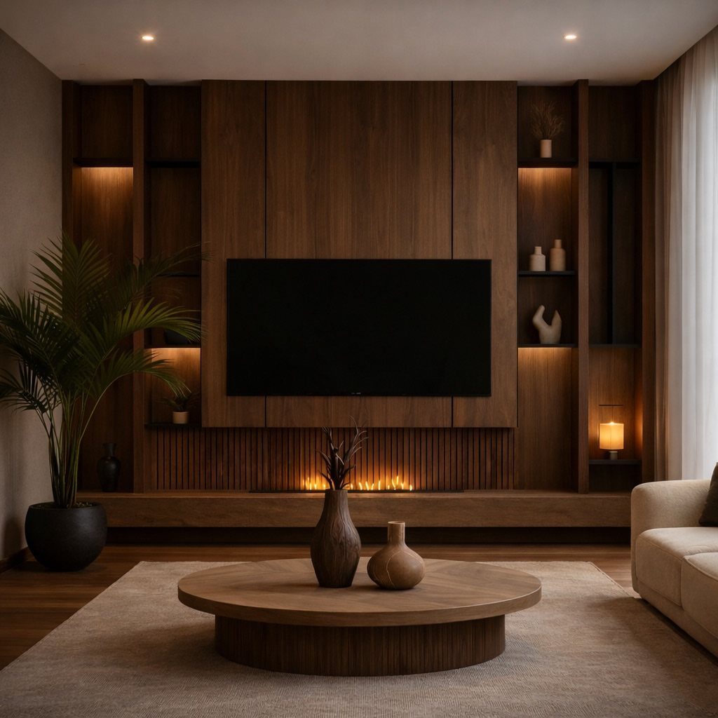 Dark wood paneled feature wall with integrated shelving and a fireplace in a modern living room.