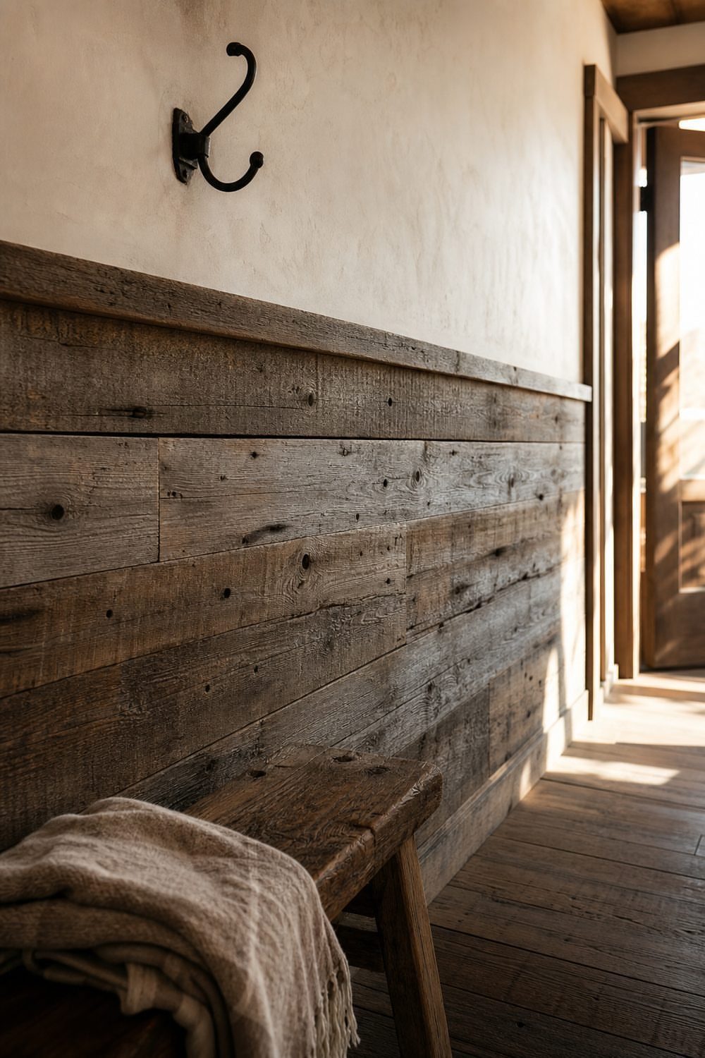 Weathered wooden plank wainscoting on a wall in a rustic sunlit hallway with a bench.
