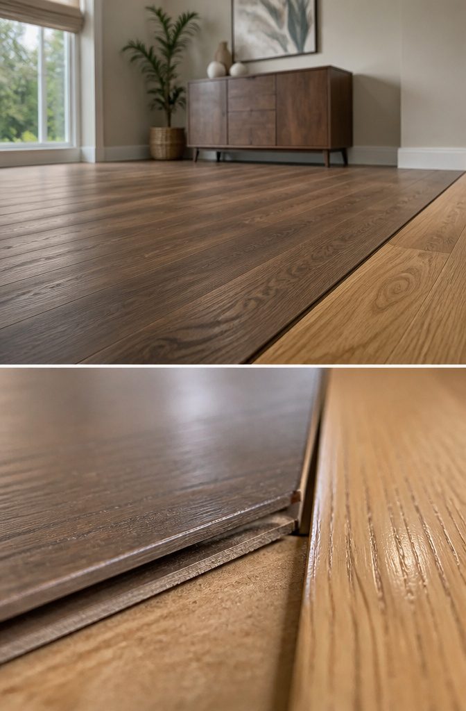 Photograph showing potential issues with LVP over hardwood.