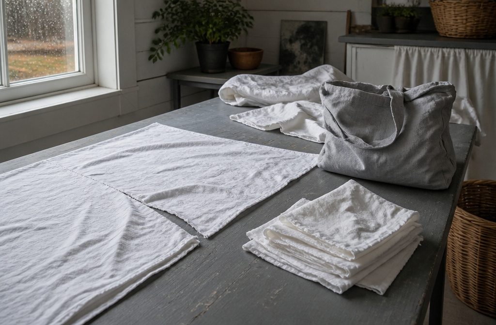 Ripped cotton sheet laid out for reuse beside sewing supplies