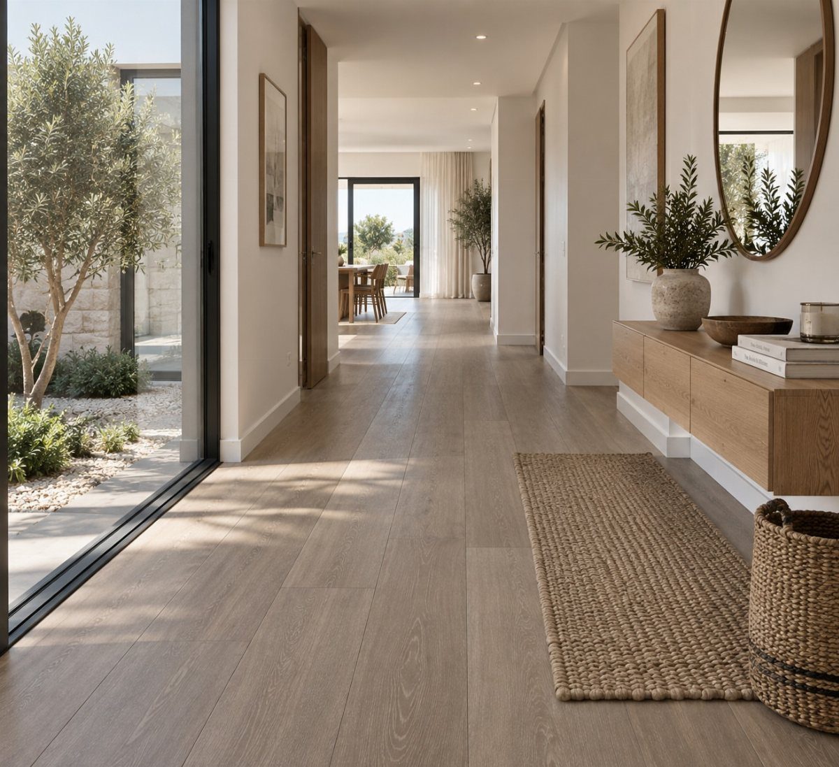 Light wood plank flooring in a bright, modern hallway with a wooden console and garden view.