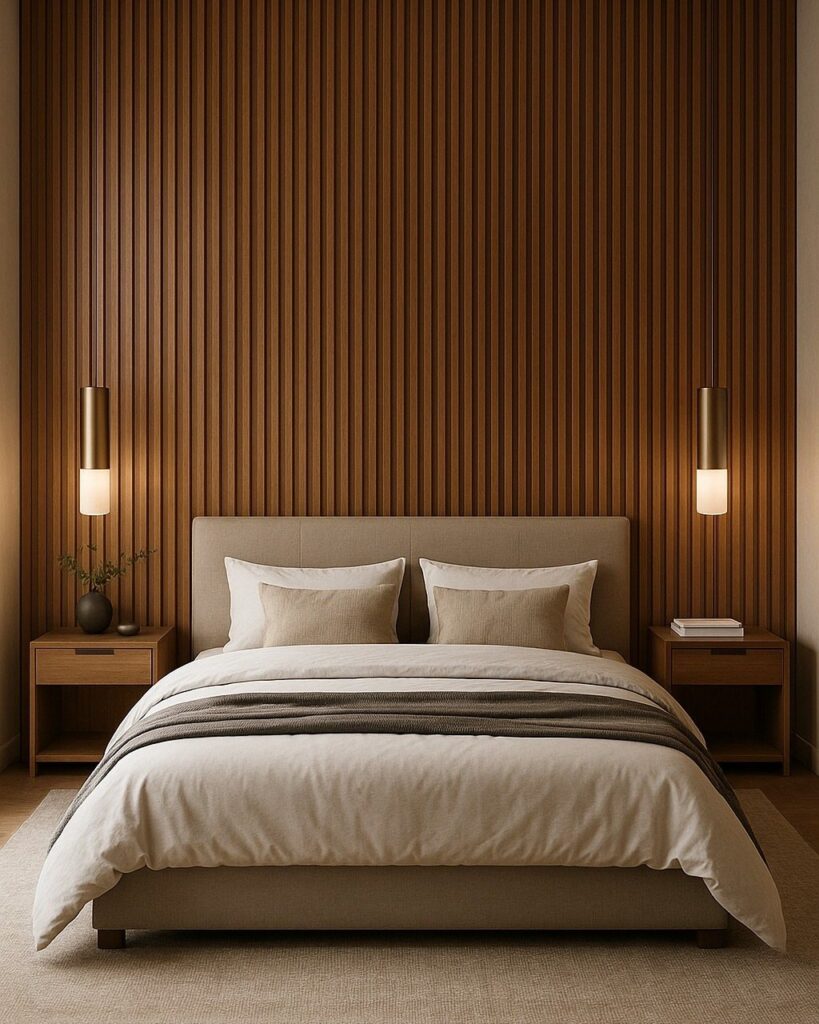 A bed with neutral bedding sits against a wall of vertical wood paneling.
