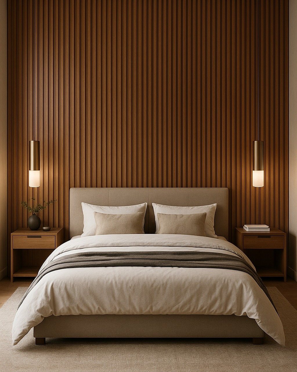 A bed with neutral bedding sits against a wall of vertical wood paneling.