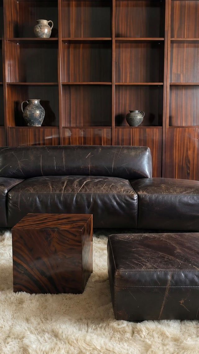 Dark Brown Wood Colors: 13 Ideas for Your Home 5 A striped wooden cube side table sits on a white rug in front of a leather sofa.